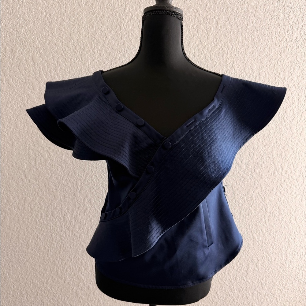 Self-Portrait Navy Ruffle Blouse | Elegant Button-Detail Designer Top